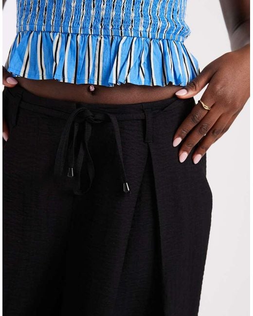 ASOS Blue Textured Wide Leg Trousers With Tie Waist