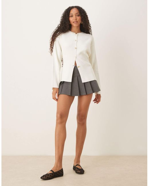 ASOS Natural Knitted Structured Crew Neck Cardigan With Gold Buttons