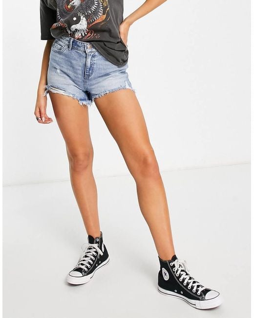 ONLY Blue Pacy High Waisted Ripped Denim Shorts