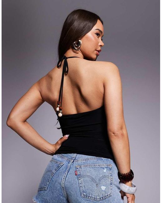 Fashionkilla Blue Exclusive Double Sculpted Slinky Halterneck Bead Detail Cami Top