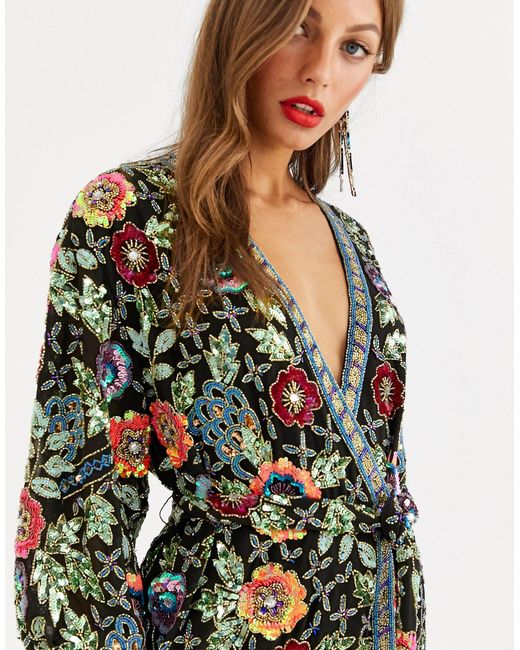asos edition sequin wrap mini dress ASOS EDITION floral sequin wrap mini dress in white and silver