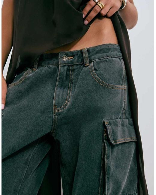 Lioness Black Exclusive Sweetness Low Rise Pocket Detail Oversized Cargo Jeans