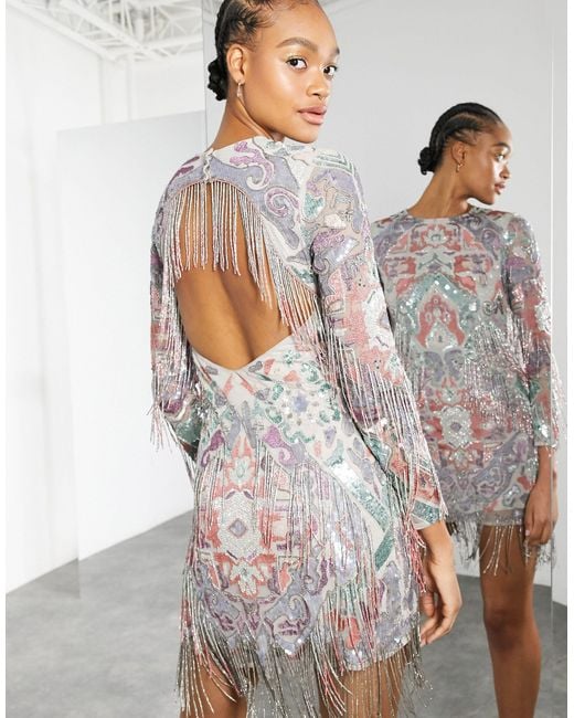 Vestito corto con perline e ricami con frange di ASOS Lyst