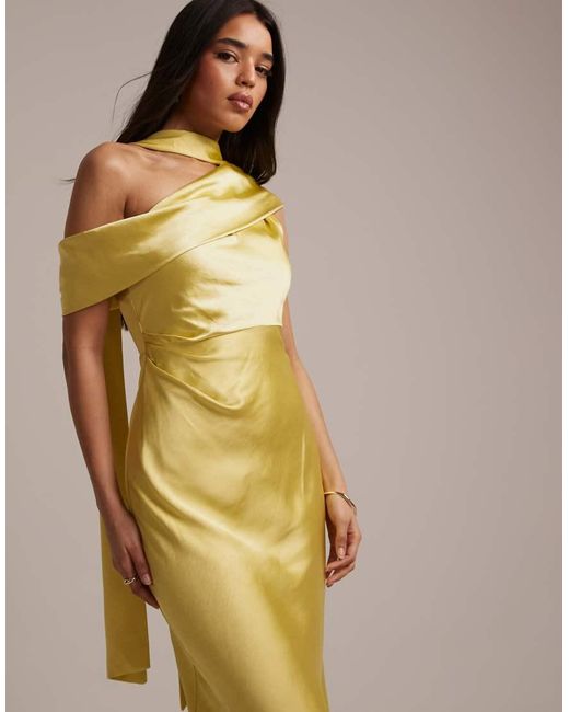 Six Stories Yellow Bridesmaids Satin Drape One Shoulder Maxi Dress