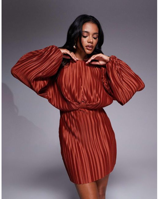 ASOS Red Plisse Blouson Sleeve And Waist Mini Dress