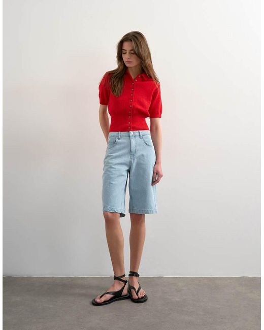 TOPSHOP Red Denim Longline Shorts
