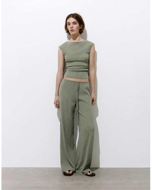 Pull&Bear Green Wide-leg Crepe Trousers