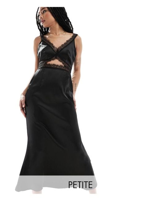 Never Fully Dressed Black Petite Lace Satin Maxi Dress
