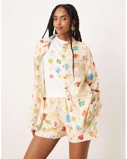 Never Fully Dressed Natural Multi-colour Shell Print Shirt Co-ord