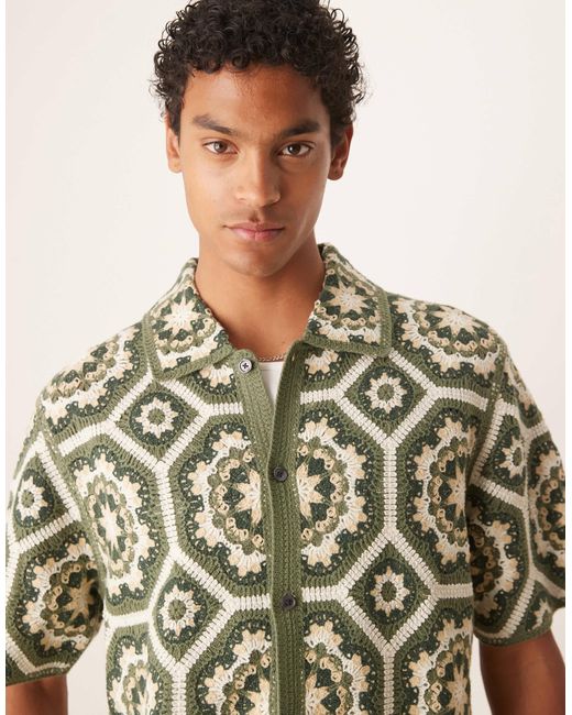 Abercrombie & Fitch Brown Knitted Four Leaf Clover Crochet Print Shirt for men