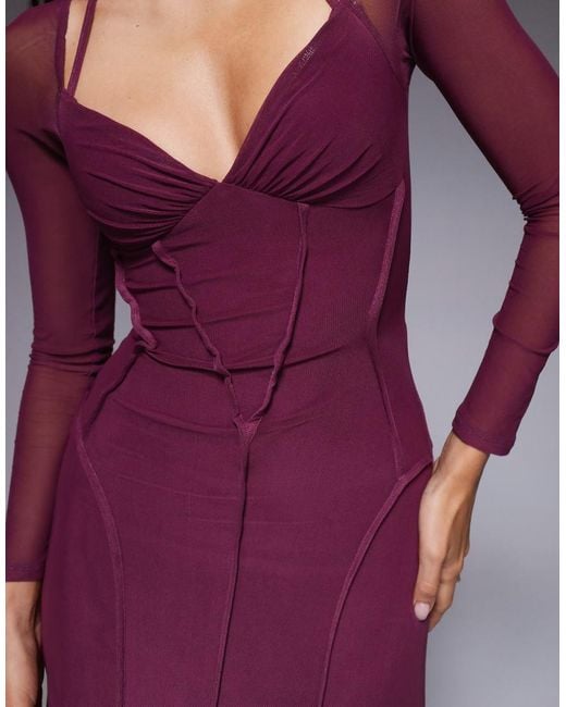 ASOS Purple Mesh Long Sleeve Maxi Dress With Exposed Seam Detail