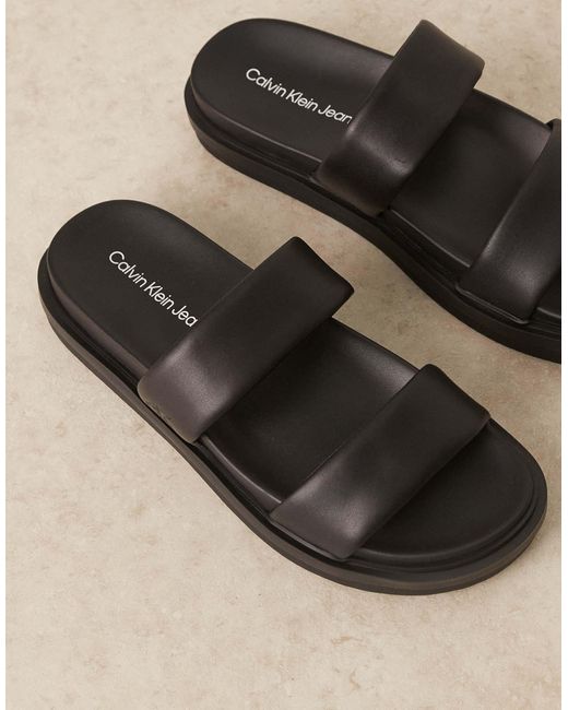 Calvin Klein Black Leather Double Strap Slider Sandal for men