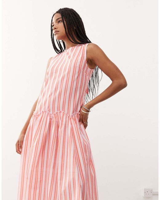 Reclaimed (vintage) Pink Midi Smock Dress With Waist Ruffle Detail