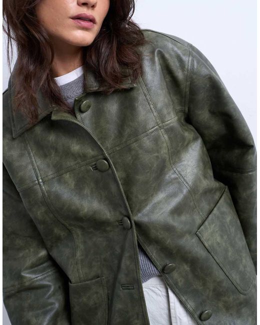 TOPSHOP Gray Faux Leather Collar Button Up Padded Shacket