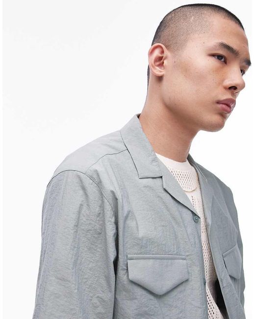 Topman Ruimvallend Overhemd Met Korte Mouwen, Reverskraag En Utility-Zakken in het Gray voor heren