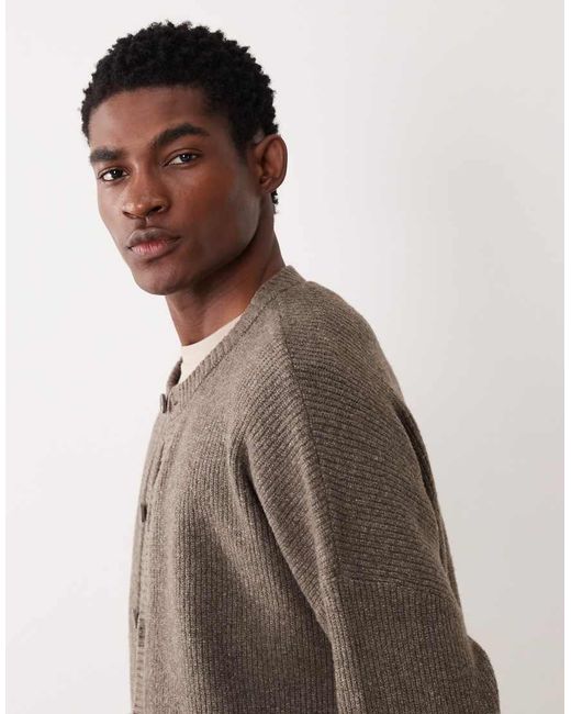 ASOS Brown Oversized Knitted Fisherman Rib Wool Blend Crew Neck Cardigan for men