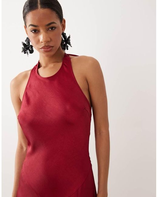 TFNC London Red Satin Racer Halter Bow Detail Maxi Dress