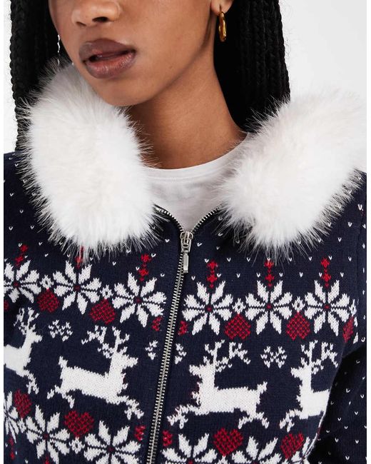 Hollister Blue Faux Fur Hood Zip Through Knit Jumper
