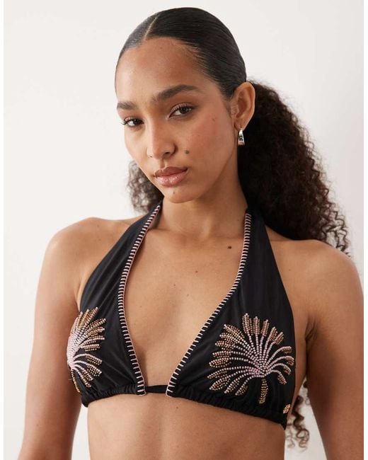 Never Fully Dressed Black Embroidered Triangle Bikini Top Co-Ord