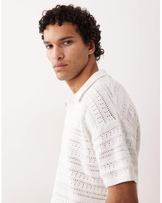 Only & Sons White Drop Shoulder Open Knit Split Neck Polo for men