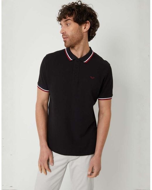 Threadbare Black Herringbone Tipping Cotton Pique Polo Shirt for men
