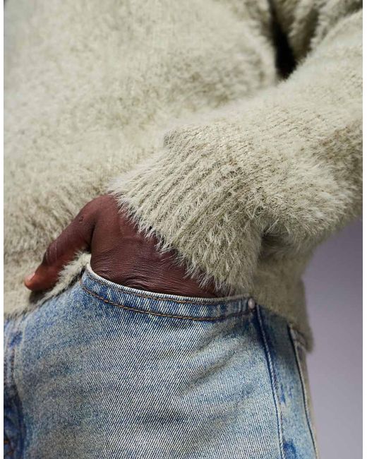 ASOS Ruimvallende, Pluizig Gebreide Trui Met Ronde Hals in het Green voor heren