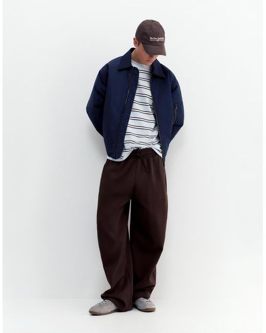 Pull&Bear Blue Bomber Jacket With Shirt Collar for men