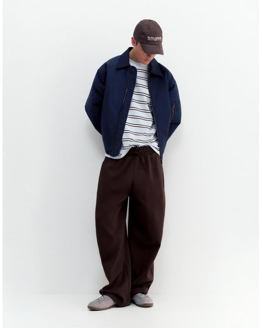 Pull&Bear Blue Bomber Jacket With Shirt Collar for men