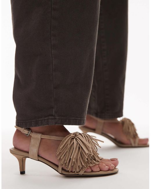 & Other Stories Brown Leather Slingback Open Toe Kitten Heels With Fringe Pom-pom
