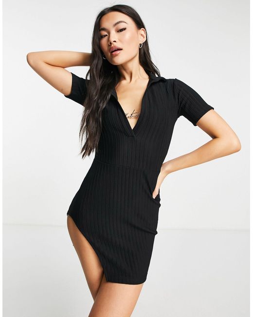 The Couture Club Black Ribbed Asymmetric Mini Dress With Hardwear