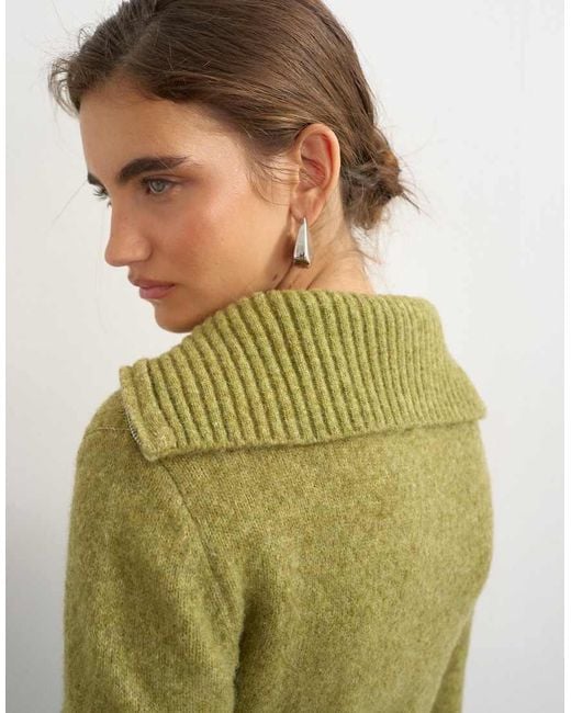 TOPSHOP Green Knitted Half Zip Funnel Neck Jumper With Wool