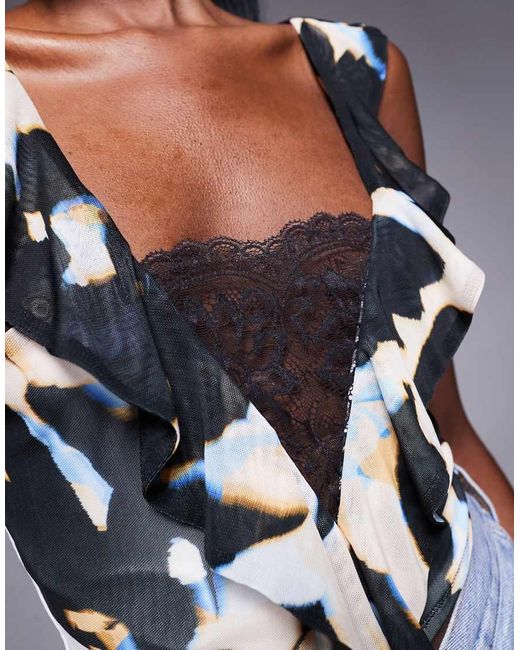 AFRM Blue Ruffle Drape Lace Trim Top