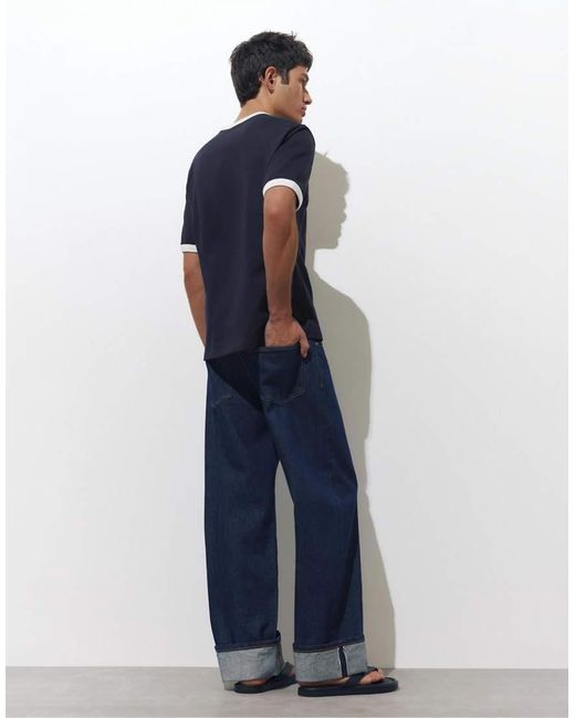 Pull&Bear Blue Contrast Trim T-shirt for men