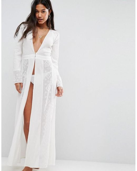 ASOS White Beach Premium Embroidered Maxi Cover Up With Long Sleeves