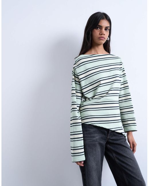 TOPSHOP White Jersey Stripe Asymmetrical Long Sleeve Top