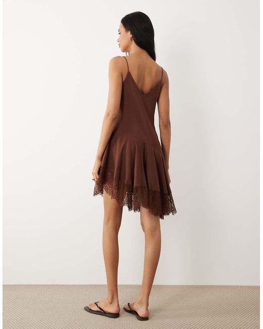 ASOS Brown Slip Lace Trim Mini Dress With Asymmetric Hem