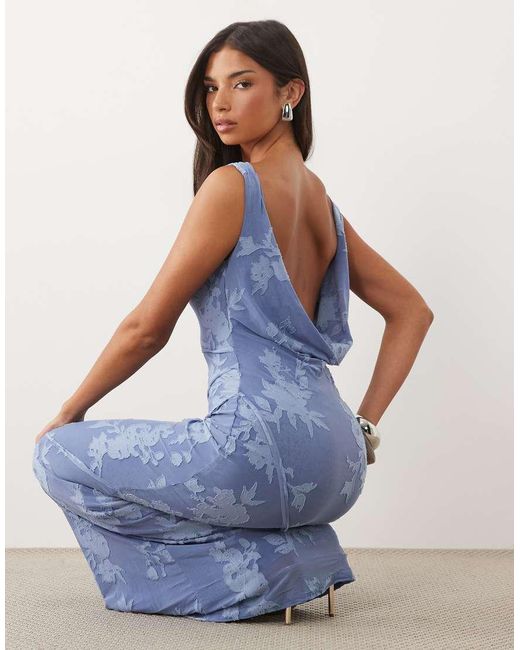 ASOS Blue Raw Seam Cowl Back Devore Maxi Dress