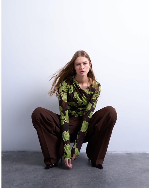 TOPSHOP Multicolor Asymmetric Slash Neck Floral Print Long Sleeve Top