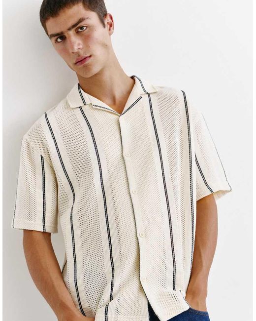 Pull&Bear White Striped Short Sleeve Shirt for men