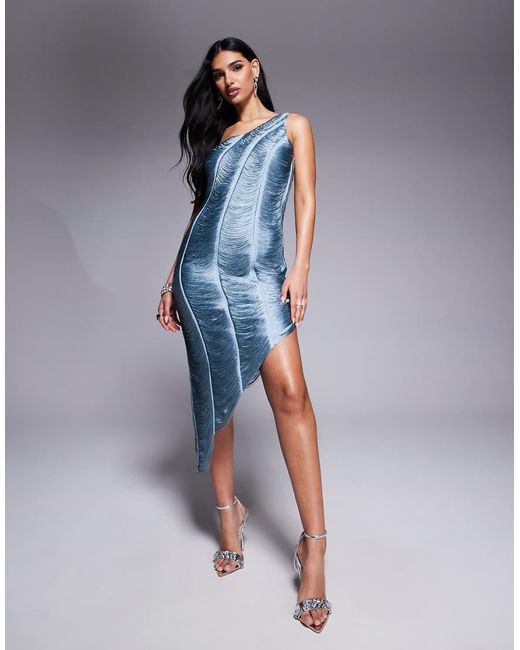ASOS Blue One Shoulder Fringe Draped Mini Dress