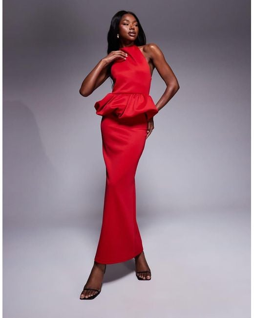 ASOS Red Scuba High Neck Puff Peplum Midi Dress