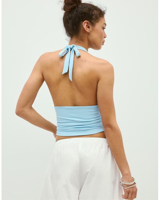 Stradivarius Blue Gathered Halter Top