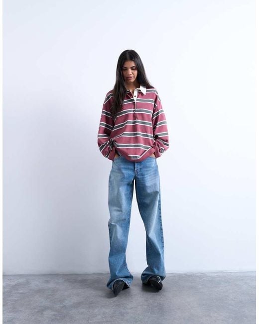 TOPSHOP Multicolor Jersey Stripe Rugby Long Sleeve Polo