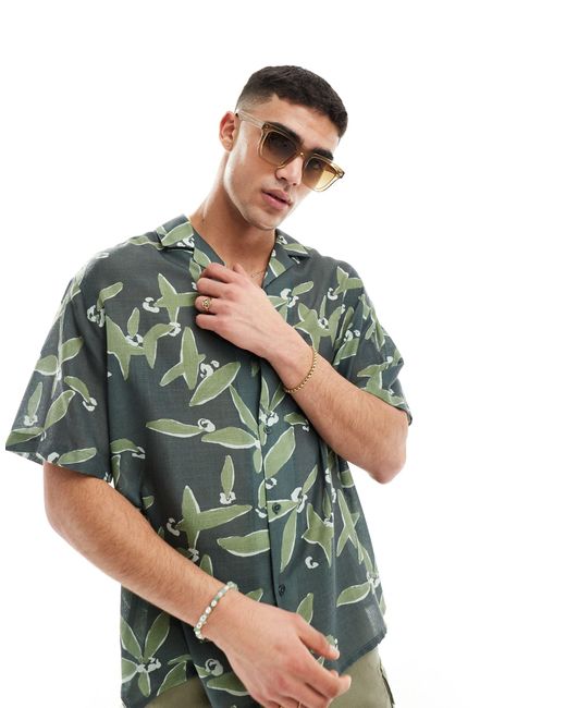 Camicia oversize squadrata con stampa di foglie e rever di ASOS in Green da Uomo