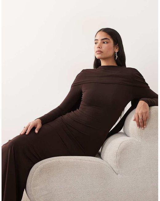 ASOS Brown Slinky Long Sleeve Maxi Dress With Extreme Cape Shoulder Detail