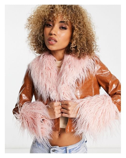 Jayley Brown Short Vinyl Look Faux Fur Trim Jacket