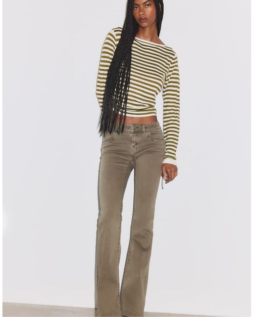 Stradivarius Natural Embroidered Pocket Bell Bottom Jeans