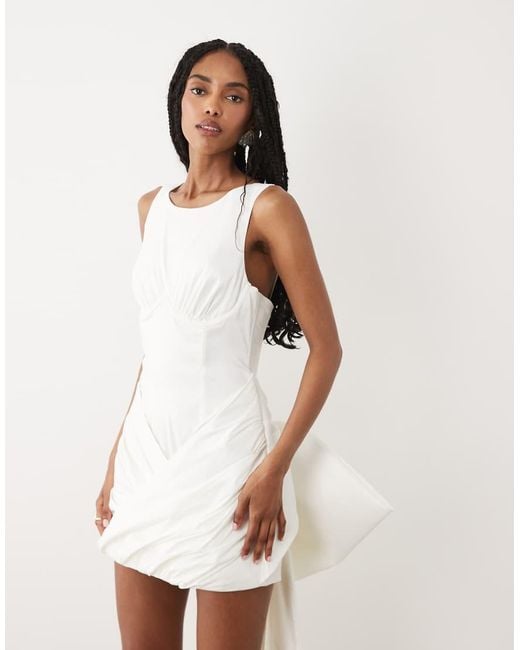 For Love & Lemons Natural Bridal Taffeta Boned Wrap Mini Dress With Bow Back