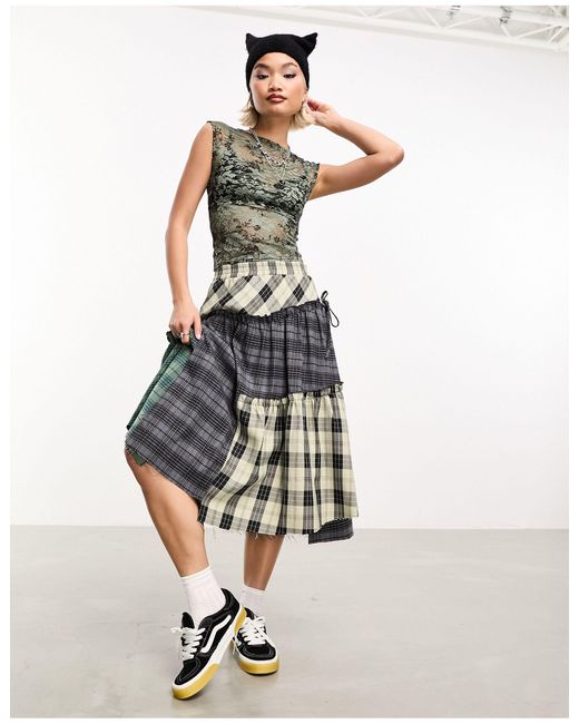 Collusion White Deconstructed Gathered Panel Mixed Check Midi Skirt