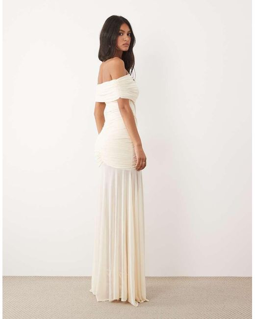 JW PEI Natural Bridal Mesh Ruched Off Shoulder Sheer Drop Hem Maxi Dress